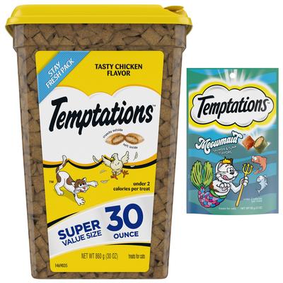 Bundle: Temptations Classic Tasty Chicken Flavor, 16-oz bag + MixUps Meowmaid Salmon & Tuna Flavors Soft & Crunchy Cat Treats