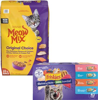 Bundle: Meow Mix Original Choice Dry Food + Purina Friskies Seafood & Chicken Pate Favorites Variety Pack Wet Cat Food