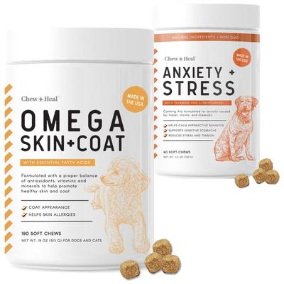 Bundle: Chew + Heal Anxiety & Stress, 60 count + Omega Skin + Coat Dog Supplement, 180 count