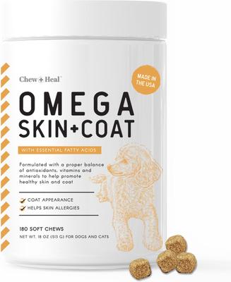 Bundle: Chew + Heal Anxiety & Stress, 60 count + Omega Skin + Coat Dog Supplement, 180 count