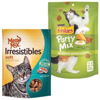 Bundle: Meow Mix Irresistibles Soft Salmon + Friskies Party Mix Morning Munch Crunch Flavor Crunchy Cat Treats