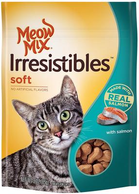 Bundle: Meow Mix Irresistibles Soft Salmon + Friskies Party Mix Morning Munch Crunch Flavor Crunchy Cat Treats