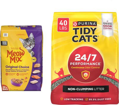 Bundle: Tidy Cats 24/7 Performance Scented Non-Clumping Clay Litter + Meow Mix Original Choice Dry Cat Food