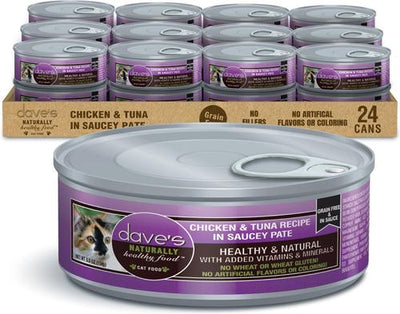 Saucey Pate Chicken & Tuna Recipe Grain-Free Canned Wet Cat Food, 5.5-oz can, case of 24