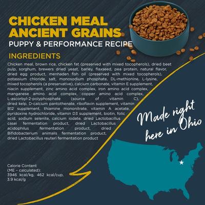 Puppy Performance, Growing & Working Chicken Meal with Ancient Grain Recipe Dry Dog Food, 24-lb bag