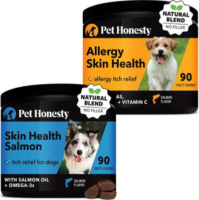 Paquete: Suplemento para perros Pet Honesty Allergy SkinHealth con linaza, omegas y probióticos (90 unidades) + Suplemento masticable suave para piel y pelaje Pet Honesty Salmon SkinHealth Snacks (90 unidades)
