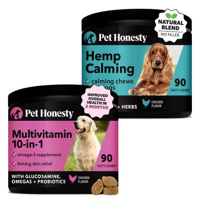 Paquete: Suplemento multivitamínico 10x1 con glucosamina para perros Pet Honesty, 90 unidades, y suplemento masticable suave de cáñamo para la ansiedad y la hiperactividad Pet Honesty, 90 unidades.