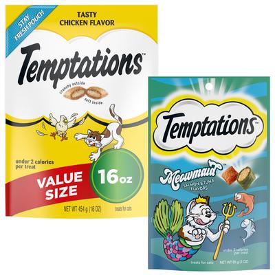 Paquete: Temptations Classic Tasty Chicken Flavor (bolsa de 16 oz) + MixUps Meowmaid - Golosinas suaves y crujientes para gatos con sabores a salmón y atún