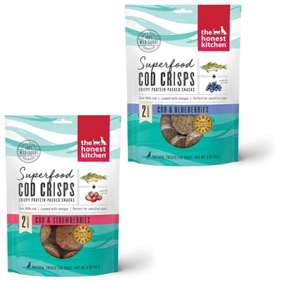 Bundle: The Honest Kitchen Superfood Cod Crisps Cod & Strawberry + Superfood Cod Crisps Cod & Blueberry Dehydrated Dog Treats
