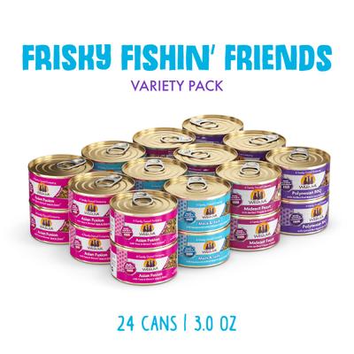 Comida enlatada para gatos Frisky Fishin' Friends, paquete variado, sin cereales, 3 oz, caja de 24