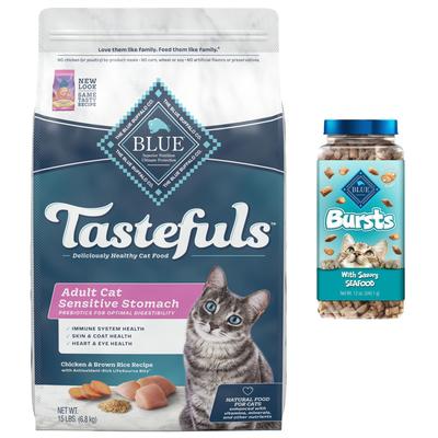 Bundle: Blue Buffalo Sensitive Stomach Chicken Recipe Adult Dry Food + Bursts with Savory Seafood Cat Treats