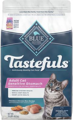 Bundle: Blue Buffalo Sensitive Stomach Chicken Recipe Adult Dry Food + Bursts with Savory Seafood Cat Treats