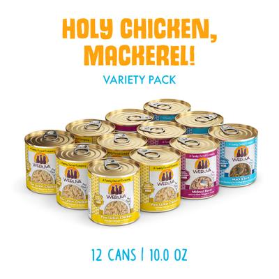 Comida enlatada para gatos Holy Chicken Mackerel Variety Pack sin cereales, 10 oz, caja de 12