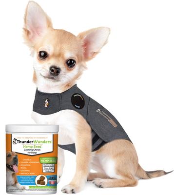 Paquete: Chaleco clásico antiansiedad y calmante ThunderShirt, gris jaspeado, talla XXS + masticables de cáñamo ThunderWunders para perros