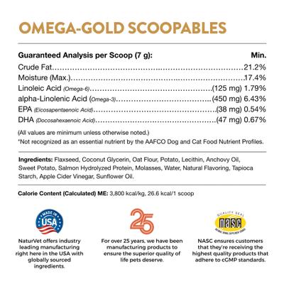 NaturVet, Omega-Gold Skin & Coat Scoopable Tiny Bites, omega-3, omega-6, DHA y EPA para perros y gatos, 312 g