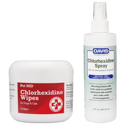 Paquete: Toallitas antisépticas con clorhexidina Pet MD (50 unidades) + Aerosol de clorhexidina Davis para perros y gatos (botella de 226 ml)