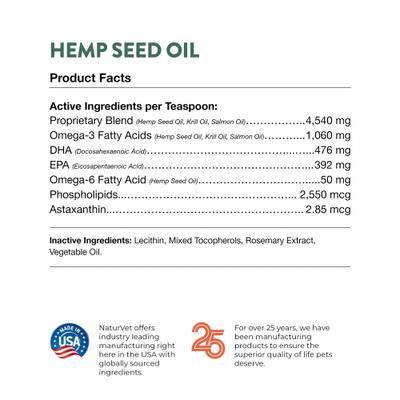 NaturVet, Hemp Seed Oil, Krill & Salmon, suplemento líquido con omegas para articulaciones, piel y pelaje de perros y gatos, 237 / 473 / 946 ml