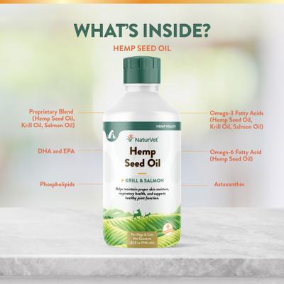 NaturVet, Hemp Seed Oil, Krill & Salmon, suplemento líquido con omegas para articulaciones, piel y pelaje de perros y gatos, 237 / 473 / 946 ml