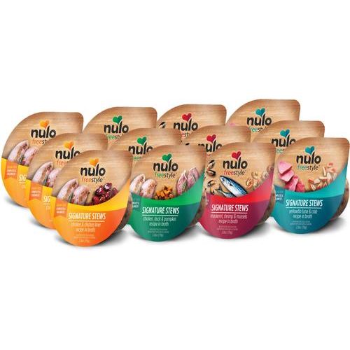 Nulo, FreeStyle Signature Stews Mackerel, Shrimp & Mussels, Caballa + Camarones + Mejillones en Caldo, Gatos y Gatitos, 80 g × 24 bandejas