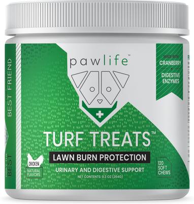 Turf Treats - Suplemento masticable suave para perros con sabor a pollo, protección contra quemaduras de césped, apoyo urinario y digestivo, 120 unidades
