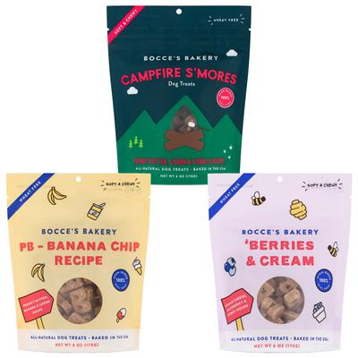Bundle: Variety Pack - Bocce's Bakery Campfire S'mores Peanut Butter, Carob & Vanilla Recipe Dog Treats, PB-Banana Chip & Berries & Cream Flavors