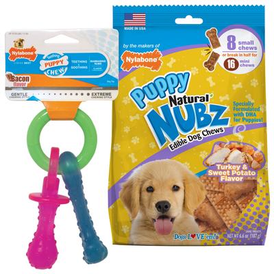 Bundle: Nylabone Nubz Turkey & Sweet Potato Chew Treat, 8 count + Puppy Chew Teething Pacifier Dog Toy, Small