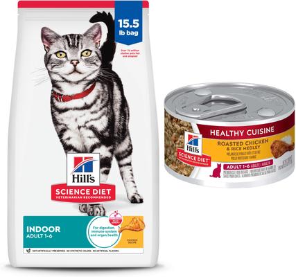 Bundle: Hill's Science Diet Adult Indoor Chicken Recipe Dry Cat Food, 15.5-lb bag + Hill's Science Diet Adult Healthy Cuisine Roasted Chicken & Rice Medley Canned Cat Food, 2.8-oz, case of 26