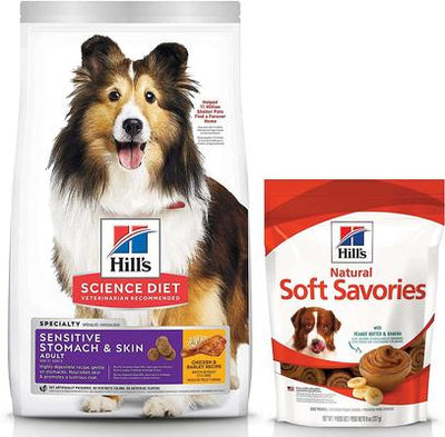 Bundle: Hill's Science Diet Adult Sensitive Stomach & Skin Chicken & Barley Recipe Dry Food + Hill's Natural Soft Savories with Peanut Butter & Banana Dog Treats