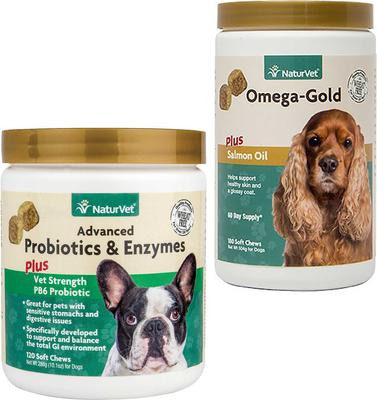 Bundle: NaturVet Advanced Probiotics & Enzymes Plus Vet Strength PB6 Probiotic Soft Chews Dog Supplement, 120 count + NaturVet Omega Gold Plus Salmon Oil Soft Chews for Dogs, 180 count