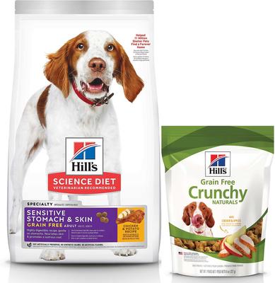 Paquete: Alimento seco para perros Hill's Science Diet Adult Sensitive Stomach & Skin con pollo y papa sin cereales (bolsa de 11 kg) + premios para perros Hill's Grain-Free Crunchy Naturals con pollo y manzana (bolsa de 227 g)