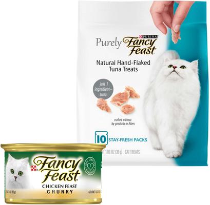 Bundle: Fancy Feast Chunky Chicken Feast Canned Cat Food, 3-oz, case of 24 + Purely Natural Hand-Flaked Tuna Cat Treats, 1.06-oz pouch