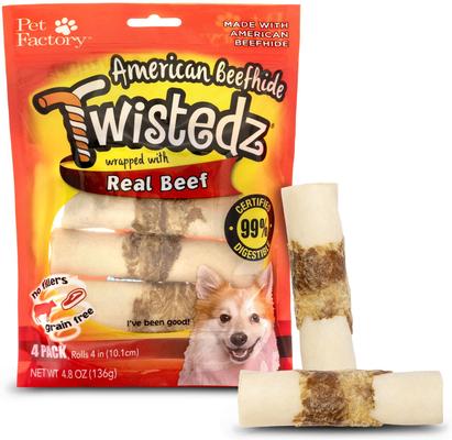 Twistedz 4-inch Beefhide Rolls Beef Flavored Wrap Dog Hard Chews, 4 count