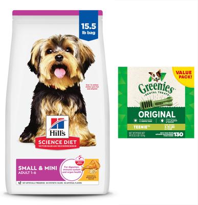 Paquete: Alimento seco Hill's Science Diet Adult Small Paws con receta de harina de pollo y arroz + premios dentales Greenies Teenie para perros