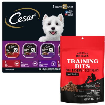Bundle: Cesar Classic Loaf in Sauce Beef Recipe, Filet Mignon, Grilled Chicken, & Porterhouse Steak Flavors Food Trays + American Journey Beef Recipe Grain-Free Soft & Chewy Training Bits Dog Treats