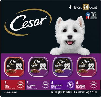 Bundle: Cesar Classic Loaf in Sauce Beef Recipe, Filet Mignon, Grilled Chicken, & Porterhouse Steak Flavors Food Trays + American Journey Beef Recipe Grain-Free Soft & Chewy Training Bits Dog Treats