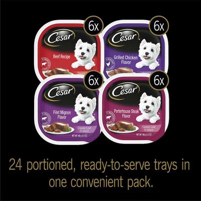 Bundle: Cesar Classic Loaf in Sauce Beef Recipe, Filet Mignon, Grilled Chicken, & Porterhouse Steak Flavors Food Trays + American Journey Beef Recipe Grain-Free Soft & Chewy Training Bits Dog Treats