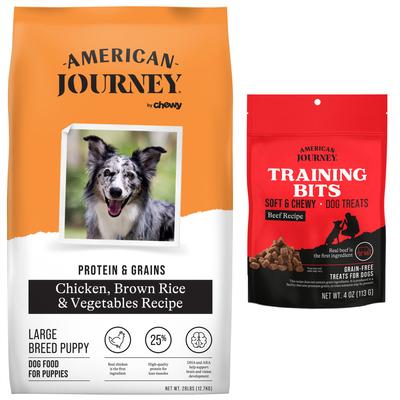 Paquete: Alimento seco American Journey Protein & Grains para cachorros de razas grandes con receta de pollo, arroz integral y verduras + Receta de carne de res, bocadillos de entrenamiento suaves y masticables sin granos para perros
