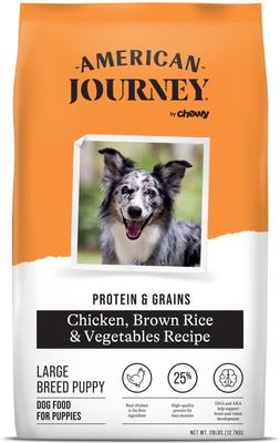 Bundle: American Journey Protein & Grains Large Breed Puppy Chicken, Brown Rice & Vegetables Recipe Dry Food + Beef Recipe Grain-Free Soft & Chewy Training Bits Dog Treats