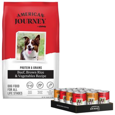Paquete: Paquete variado de comida enlatada para perros American Journey con aves y carne de res + alimento seco con proteína y granos, receta de carne de res, arroz integral y verduras
