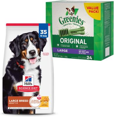 Paquete: Alimento seco Hill's Science Diet para adultos de razas grandes + premios dentales para perros Greenies Large Dental