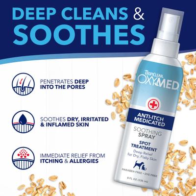 Bundle: TropiClean OxyMed Medicated Anti-Itch Oatmeal Dog & Cat Shampoo, 20-fl oz bottle + Anti-Itch Spray, 8-fl oz bottle