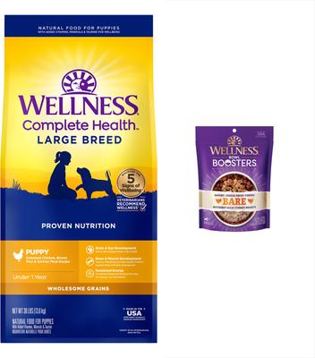 Bundle: Wellness Large Breed Complete Health Puppy Deboned Chicken, Brown Rice & Salmon Meal Recipe Dry Dog Food, 30-lb bag + Wellness CORE Bowl Boosters Bare Turkey Freeze-Dried Dog Food Mixer or Topper, 4-oz bag