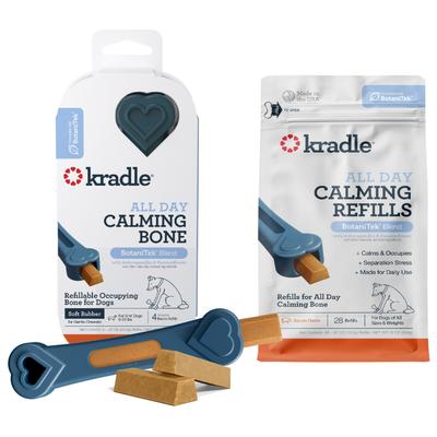 Bundle: Kradle All Day Calming 6-inch Rubber Bone Toy with Bacon Flavored Treat Refill + Bone Bacon Flavored Calming Supplement Refill for Dogs, 28 count