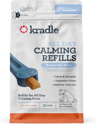 Bundle: Kradle All Day Calming 6-inch Rubber Bone Toy with Bacon Flavored Treat Refill + Bone Bacon Flavored Calming Supplement Refill for Dogs, 28 count