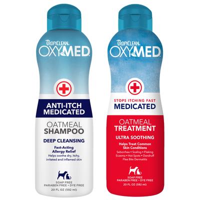 Bundle: TropiClean OxyMed Medicated Anti-Itch Oatmeal Shampoo, 20-oz bottle + Dog & Cat Treatment Rinse, 20-oz bottle