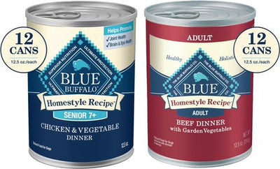 Bundle: Blue Buffalo Homestyle Recipe Senior Chicken Dinner with Garden Vegetables + Homestyle Recipe Beef Dinner with Garden Vegetables & Sweet Potatoes Canned Dog Food