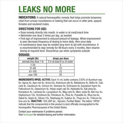 Leaks No More Homeopathic Medicine for Incontinence for Birds, Cats, Dogs & Small Pets, 450 drops