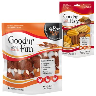 Bundle: Good 'n' Fun Triple Flavor Kabobs Rawhide Dental Chews + Good 'n' Tasty Triple Flavor Wavy Chips Variety Pack Dog Treats