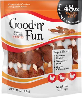 Bundle: Good 'n' Fun Triple Flavor Kabobs Rawhide Dental Chews + Good 'n' Tasty Triple Flavor Wavy Chips Variety Pack Dog Treats