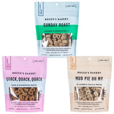 Paquete variado - Receta de pollo asado y calabaza para el domingo de Bocce's Bakery, golosinas suaves y masticables para perros, sabores a pato, arándanos y pastel de barro